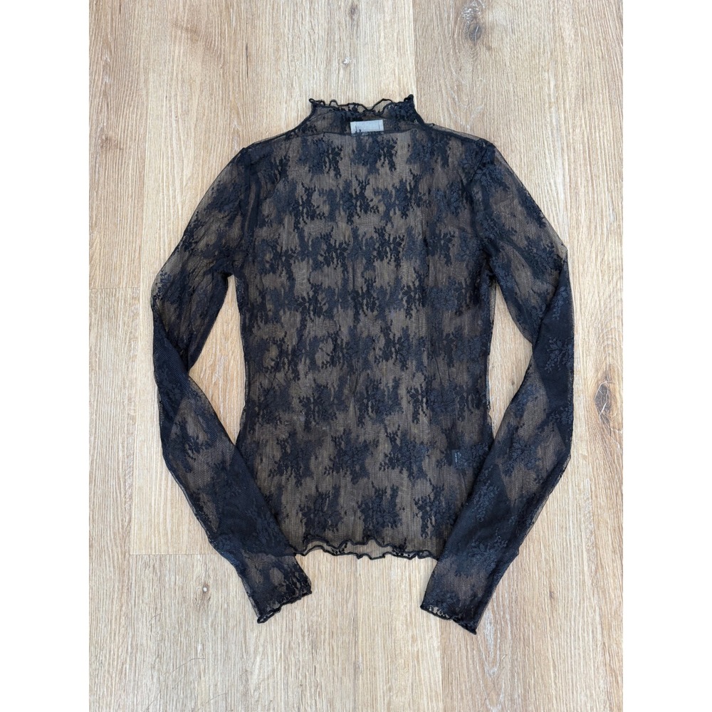 Y2K Whimsygoth Fairycore Dark Coquette Lace Top Women M Black Sheer Mock Neck